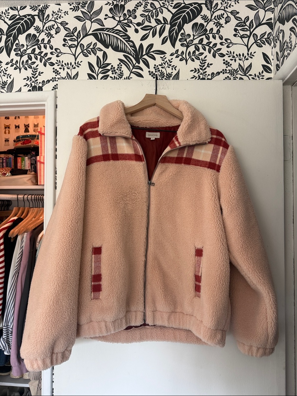 Brixton Cream Sherpa Jacket with Red Plaid Accents